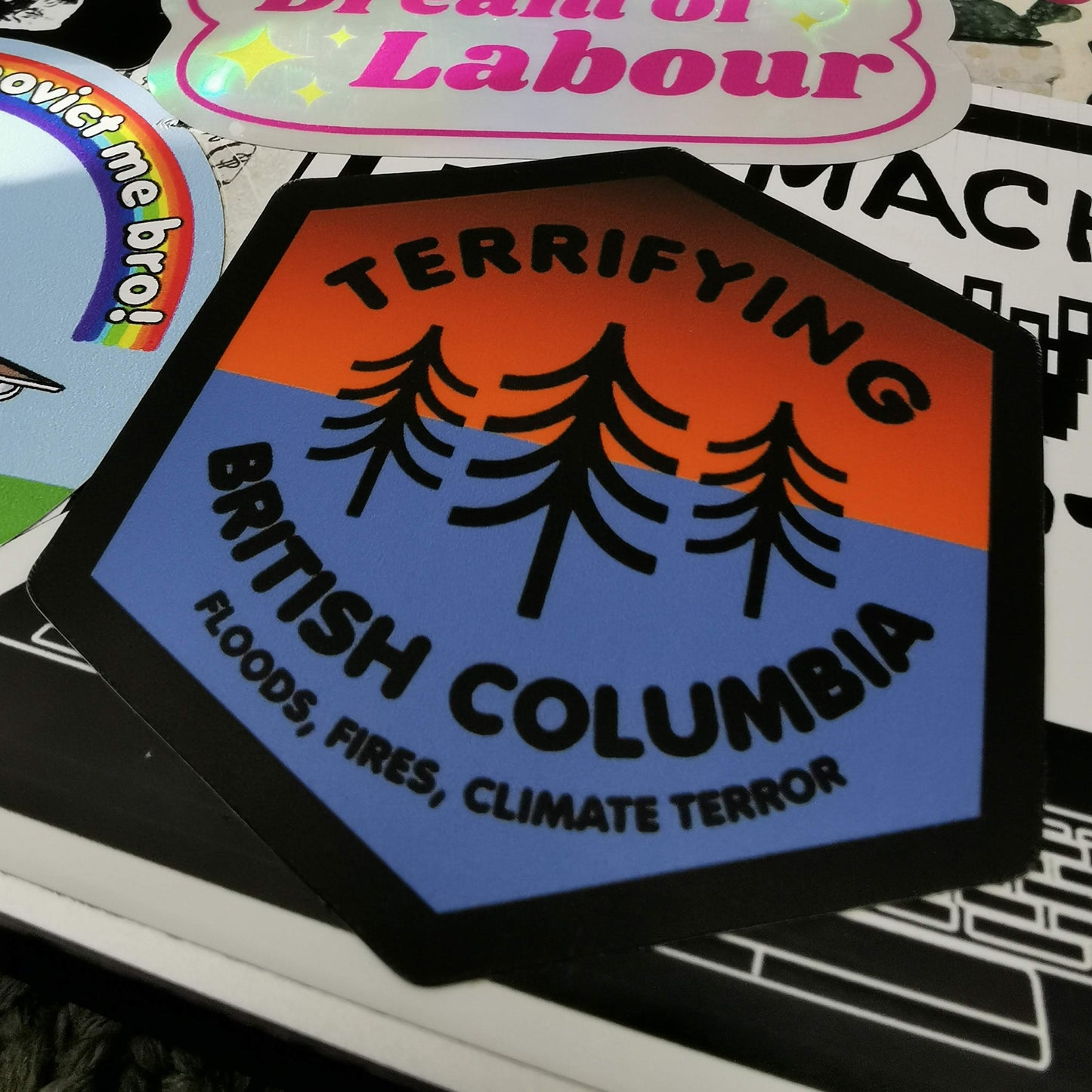Orange and blue hexagon sticker with black border and the words "terrifying british columbia fires, floods, climate terror" and minimalist burnt trees