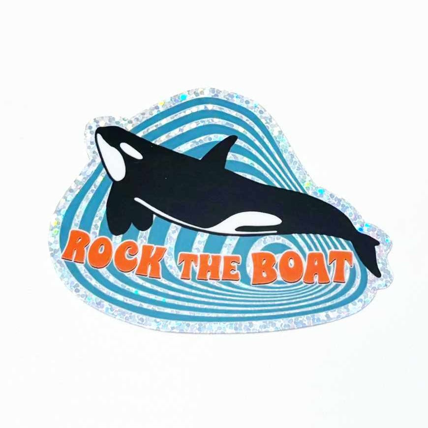 Orca with trippy teal wavy lines and the words rock he boat in orange 60s groovy font against a sparkly holographic background sticker