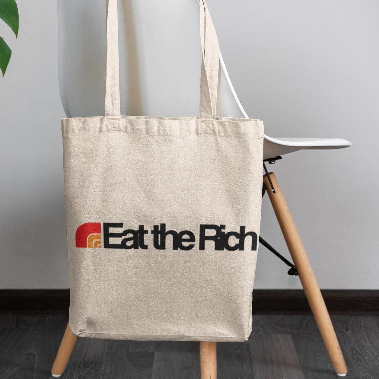Canvas "Eat the Rich" tote bag best for use by anti-capitalists, leftists, communists, new democrats and anarchists at Billionaire owned Canadian grocery stores