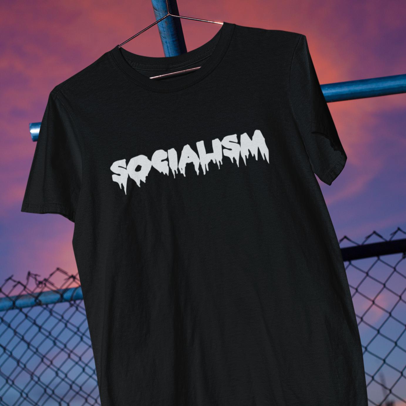 Black unisex t-shirt with the word "socialism" in white spooky scary dripping font 