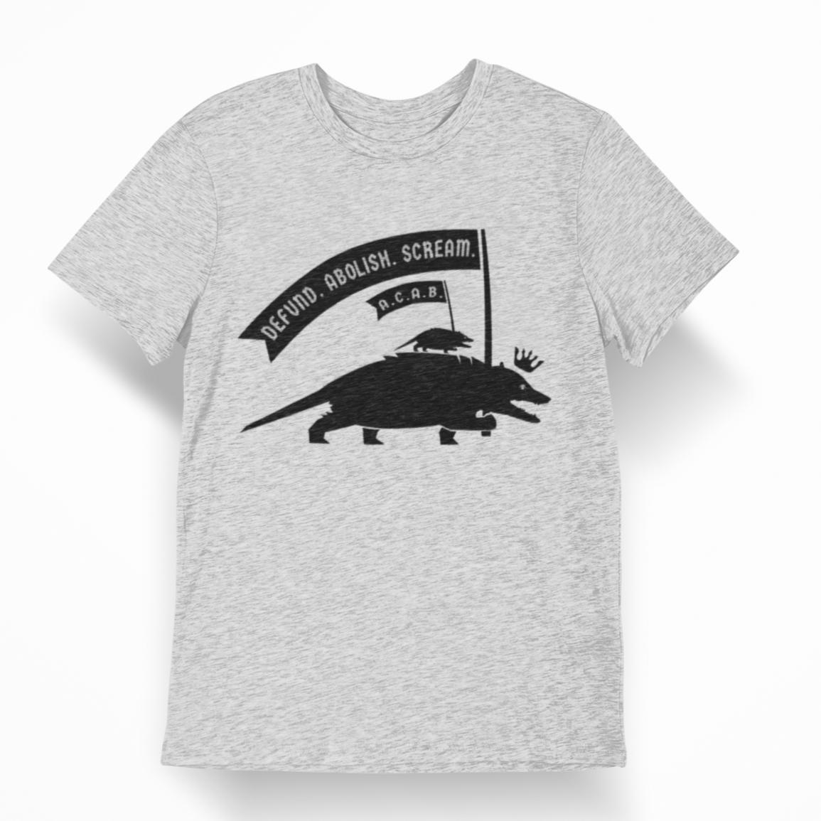 Heathered grey unisex teeshirt with a black emblem of a possum carrying a flag reading "Defund. Abolish. Scream." and a baby possum on its back also carrying a flag reading "A.C.A.B."