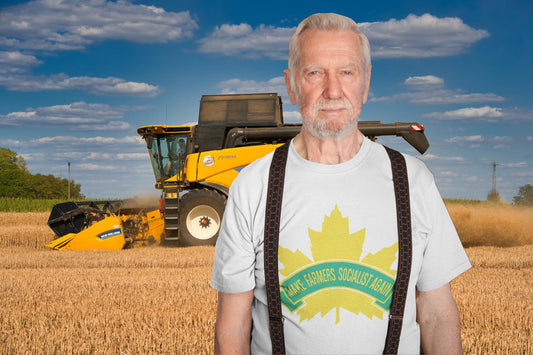 Senior Man, standing in front of a combine wearing a CCF (Canadian Commonwealth Federation) inspired logo reading "Make Farmers Socialist Again"