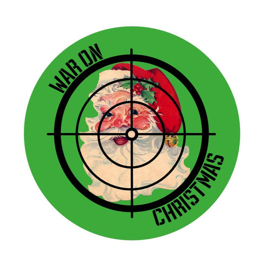 A green circle with a 50's style illustration of santa in a gun sight with the words "War on Christmas" on the edges